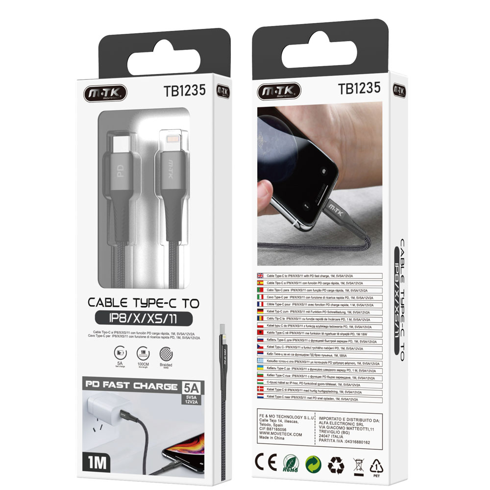 [ATB1235BK] Cable Tipo C a Lightning Mtk TB1235 Negro